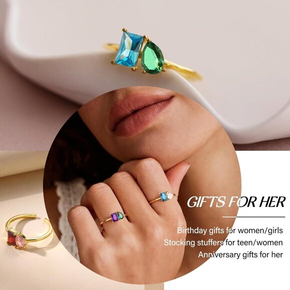 Birthstone Rings for Women Non Tarnish Gold Rings Birthday Gifts for Teen Girls - Picture 6 of 7